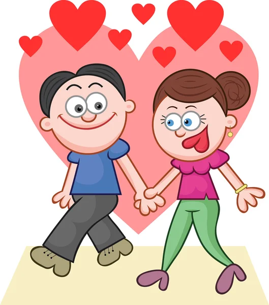 Holding Hands and Walking With Love Hearts — Stock Vector