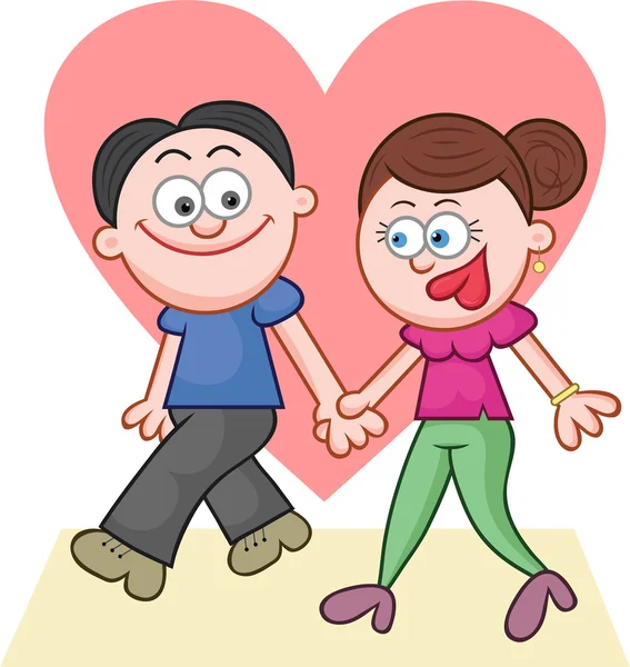 Holding Hands and Walking With Big Love Heart — Stock Vector