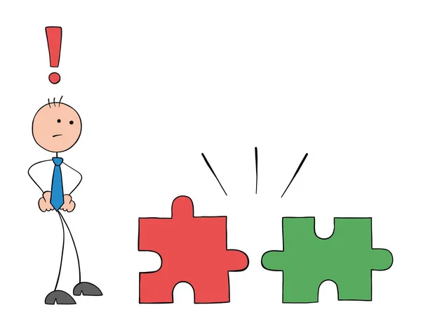 Stickman işadamı uyumsuz yapboz parçalarına bakar ve kafası karışır. El çizimi çizgi film vektör çizimi.