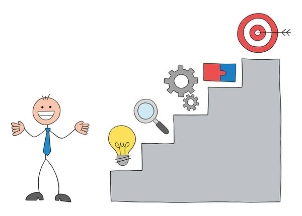 Teamwork, stickmen businessman with success stairs. Idea, research, work, teamwork and success. Hand drawn outline cartoon vector illustration.
