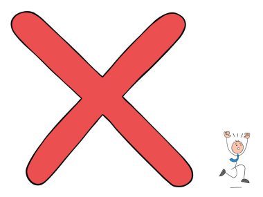 Sorun şu ki, Stickman işadamı büyük haçtan korkuyor ve kaçıyor. El çizimi çizgi film vektör çizimi.