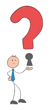 Stickman işadamının elinde anahtar deliğiyle soru işareti var. El çizimi çizgi film vektör çizimi.