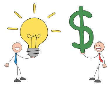 Stickman işadamı para için fikrini satıyor. El çizimi çizgi film vektör çizimi.