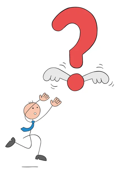 Stickman Businessman Chasing Winged Flying Question Mark Trying Catch Hand — Stock Vector
