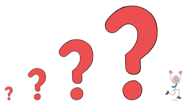 Стикман-бизнесмен пытается убежать от постоянно растущих вопросительных знаков и проблем. Ручная рисованная контурная векторная иллюстрация.