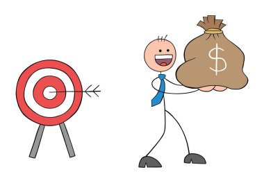 Stickman businessman hit the target and wins the sack of dollars and takes it away. Hand drawn outline cartoon vector illustration. clipart