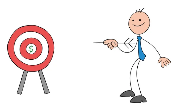 Stickman Businessman Bulls Eye Dollr Symbol Center Holding Arrow Hand — Stockvektor