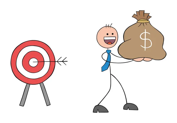 Stickman Businessman Hit Target Wins Sack Dollars Takes Away Hand — стоковий вектор