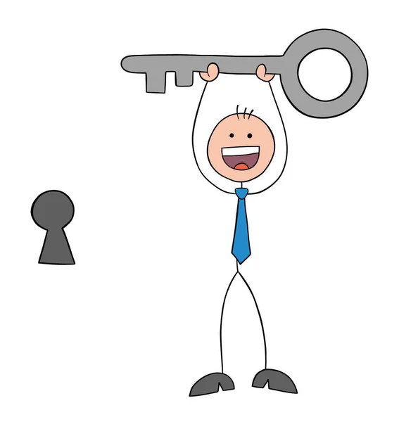 Stickman Businessman Holding Key Very Happy Keyhole Next Hand Drawn — 图库矢量图片