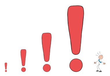 Stickman işadamı ünlem ve tehlike yaratmaktan korkar. El çizimi çizgi film vektör çizimi.