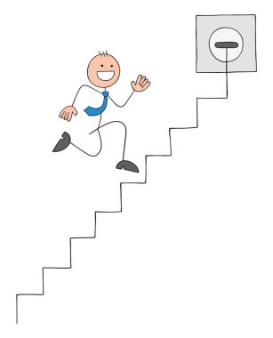 Stickman işadamı kablolu merdivenlerde koşarak zirveye ulaşmaya çalışıyor. El çizimi çizgi film vektör çizimi.