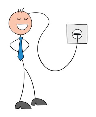 Stickman işadamının kafasında bir kablo var ve beynini şarj ediyor. El çizimi çizgi film vektör çizimi.