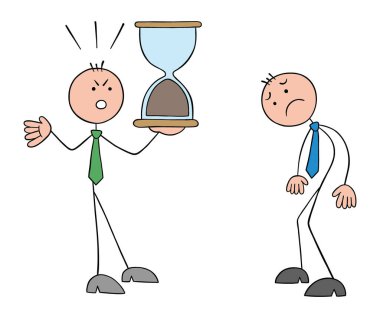 Hüsrana uğramış Stickman patronunun elinde bitmiş kum saati var ve çalışana bağırıyor, Stickman çalışanı çok üzgün. Son teslim tarihi sona erdi ve görev tamamlanamadı.