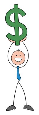 Stickman işadamı mutlu ve elinde dolar sembolü tutuyor. El çizimi çizgi film vektör çizimi.