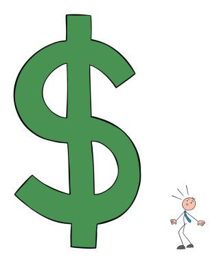 Stickman işadamı, çok ama çok büyük dolar sembolünden korkuyor ve kafası karışık. El çizimi çizgi film vektör çizimi.