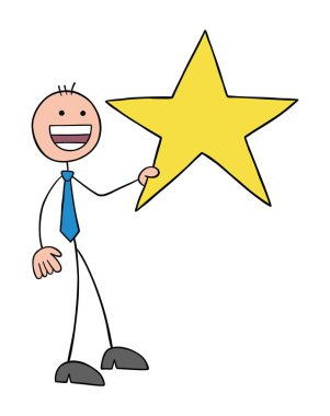Stickman iş adamı mutlu ve büyük bir yıldız tutuyor. El çizimi çizgi film vektör çizimi.
