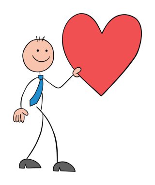 Stickman iş adamı yürüyor, kalbi taşıyor ve mutlu. El çizimi çizgi film vektör çizimi.