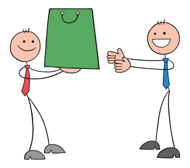Stickman işadamı, diğer Stickman 'a bir alışveriş çantası hediye eder. El çizimi çizgi film vektör çizimi.
