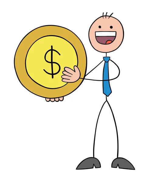 スティックマンビジネスマンドルコインを保持し 手描きアウトライン漫画ベクトルイラスト — ストックベクタ