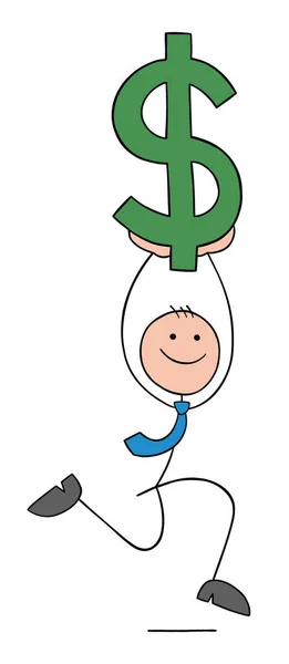 スティックマンのビジネスマンは幸せを実行しているとドルのシンボルを運ぶ 手描きアウトライン漫画ベクトルイラスト — ストックベクタ
