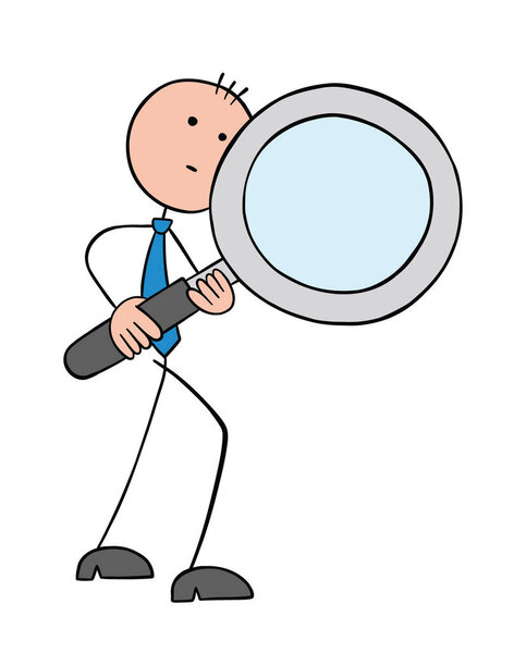 Stickman businessman holding magnifying glass and examining. Hand drawn outline cartoon vector illustration.