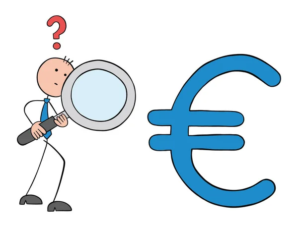 Stickman Geschäftsmann Hält Lupe Gegen Euro Symbol Und Prüft Jahresabschlüsse — Stockvektor