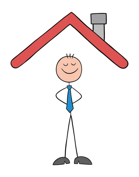 Stickman Homem Negócios Está Sob Teto Casa Está Feliz Desenho — Vetor de Stock