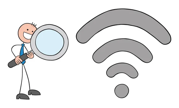 Stickman Homme Affaires Examine Signal Wifi Avec Loupe Illustration Vectorielle — Image vectorielle