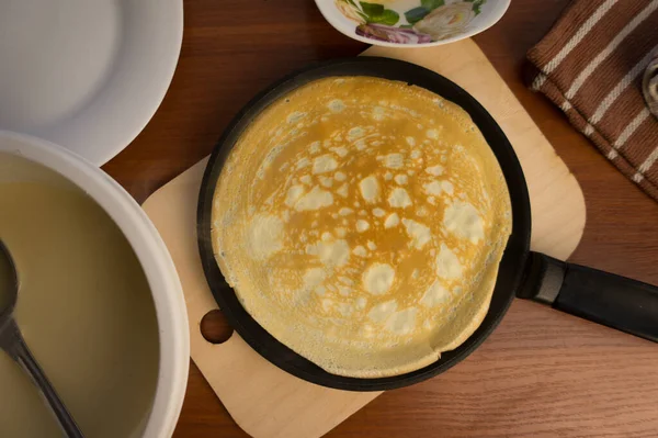 Pancake Week Preparation Dough Baking Delicious Ruddy Pancakes Ingredients Eggs — Stock Photo, Image