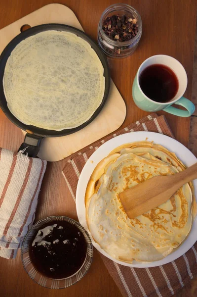 Settimana Dei Pancake Preparazione Dell Impasto Cuocere Deliziose Rubiconde Frittelle — Foto Stock