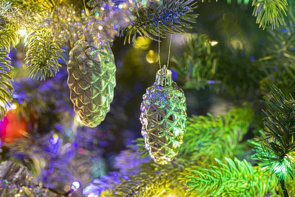 Close Glass Tree Cones Christms Tree Decoration Hanging Fir Branch — 图库照片