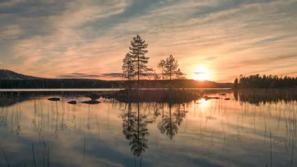 Tidsförskjutning Liten Med Träd Vid Sjön Stor Skabram Nära Jokkmokk — Stockvideo