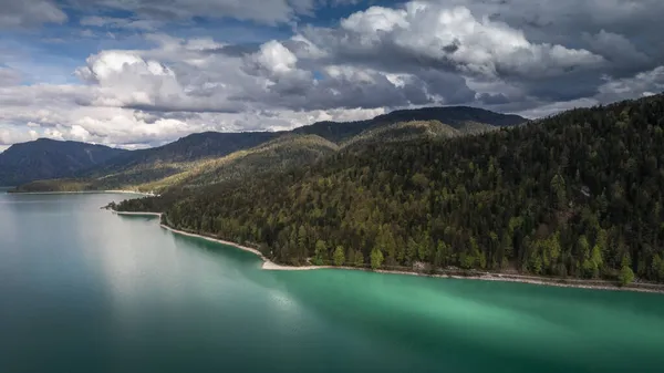 Lago Walchensee Color Turchese Con Cielo Azzurro Dall Alto Baviera — Foto Stock