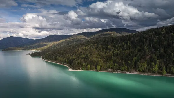 Lac Walchensee Couleur Turquoise Avec Ciel Bleu Haut Bavière — Photo