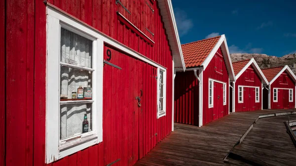 Red Boathouses Sunny Blue Sky Archipelago Island Tjoern West Sweden — Stockfoto