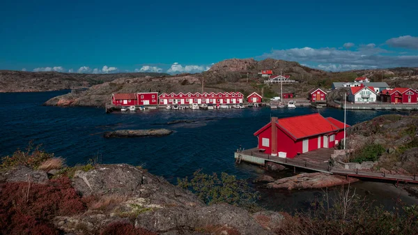 Red Boathouses Coast Sunny Blue Sky Archipelago Island Tjoern West — Stockfoto