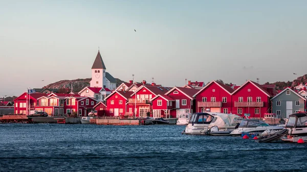 Skyline Village Skaerhamn Red Houses White Church Sunny Blue Sky — стокове фото