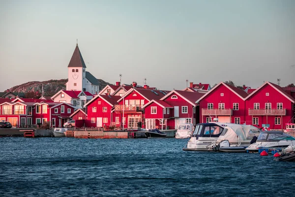 Skyline Village Skaerhamn Red Houses White Church Sunny Blue Sky — стокове фото