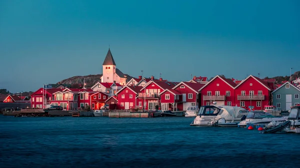 Skyline Village Skaerhamn Red Houses White Church Sunny Blue Sky — Photo