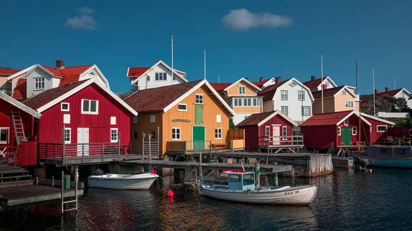 Colorful Boathouses West Coast Sweden Sunshine Day Blue Sky — Stock Photo, Image