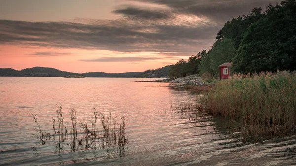 Red Hut Lake Reeds Orust Archipelago Island West Coast Sweden — Zdjęcie stockowe