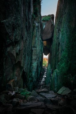Kungsklyftan canyon with mossy rocks by village Fjaellbacka in Sweden