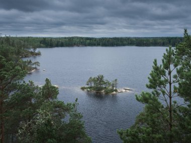 Small island in Lake Stensjoen in the Tyresta National Park in Sweden, during day with clouds in sky, from above