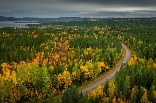 Krajina Divočinou Cesta Lesem Podzim Laponsku Švédsku Shora Barevné Stromy — Stock fotografie