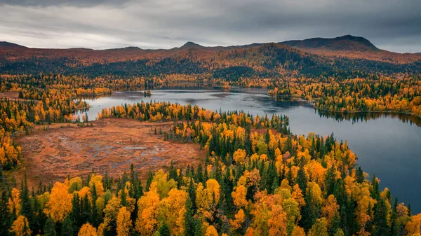Sonbaharda Renkli Ağaçlarla Dolu Mavi Göl Dağlar Sveç Jamtland Kentindeki — Stok fotoğraf