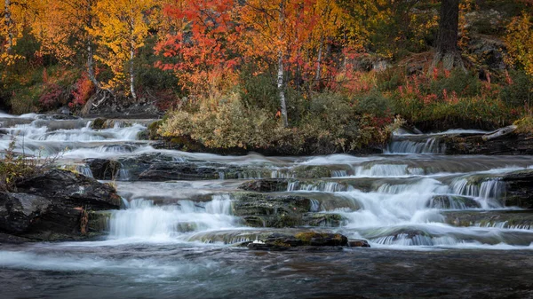 Trappstegsforsen Waterval Herfst Langs Wilderness Road Lapland Zweden Wolken Lucht — Stockfoto