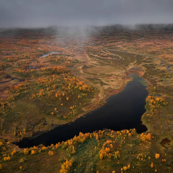 Jezero Barevnými Stromy Krajině Laponska Stokenjokk Plateau Podzim Švédsku Shora — Stock fotografie