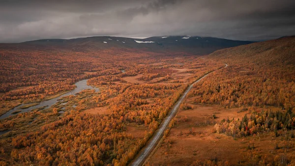 Řeka Barevnými Stromy Krajině Laponska Stokenjokk Plateau Podzim Švédsku Shora — Stock fotografie