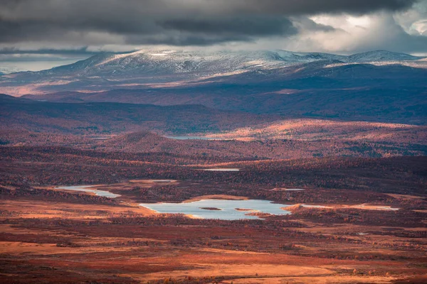 Landschaft Des Nationalparks Pieljekaise Herbst Mit Seen Und Schneebedeckten Bergen — Stockfoto