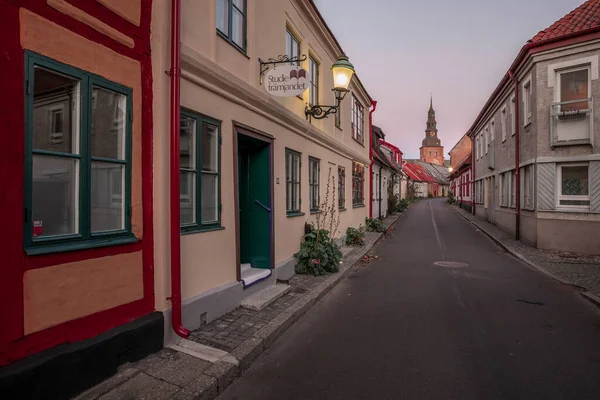 Colorful House Facades Street Ystad Sweden Sunset — Stock Photo, Image